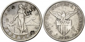 1903. Filipinas. Administración de Estados Unidos. 1 peso. (Kr. 168). 26,74 g. AG. Resellos orientales. MBC.