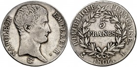 1806. Francia. Napoleón I. L (Bayona). 5 francos. (Kr. 673.8) (Gad. 581). 24,77 g. AG. MBC+.