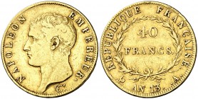 An 13 (1804-1805). Francia. Napoleón. A (París). 40 francos. (Fr. 481). 12,82 g. AU. Golpecitos. MBC-/MBC.
