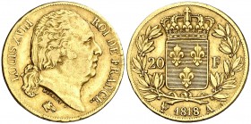 1818. Francia. Luis XVIII. A (París). 20 francos. (Fr. 538). 6,37 g. AU. Golpecitos. MBC/MBC+.
