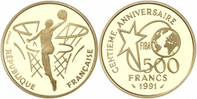 1991. Francia. 500 francos. (Fr. 631) (Kr. 977). 17 g. AU. Centenario del Baloncesto. Acuñación de 5000 ejemplares. En estuche oficial con certificado...