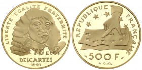 1991. Francia. 500 francos/70 ecus. (Fr. 623) (Kr. 1003). 17 g. AU. Descartes. Acuñación de 5000 ejemplares. En estuche oficial con certificado. Proof...