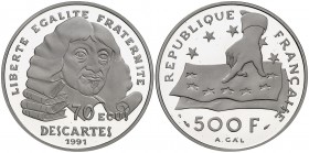 1991. Francia. 500 francos/70 ecus. (Fr. 623a) (Kr. 1003a). 20 g. Platino. Descartes. Acuñación de 2000 ejemplares. En estuche oficial con certificado...