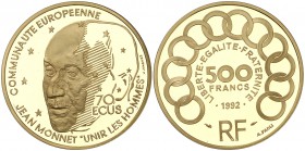 1992. Francia. 500 francos/70 ecus. (Fr. 624) (Kr. 1013). 17 g. AU. Jean Monnet. Acuñación de 5000 ejemplares. En estuche oficial con certificado. Pro...