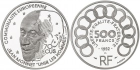 1992. Francia. 500 francos/70 ecus. (Fr. 624a) (Kr. 1013a). 20 g. Platino. Jean Monnet. Acuñación de 2000 ejemplares. En estuche oficial con certifica...