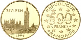 1994. Francia. 500 francos/75 ecus. (Fr. 628) (Kr. 1071). 17 g. AU. Big Ben. Acuñación de 5000 ejemplares. En estuche oficial con certificado. Proof....