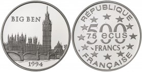 1994. Francia. 500 francos/75 ecus. (Fr. 628a) (Kr. 1071a). 20 g. Platino. Big Ben. Acuñación de 2000 ejemplares. En estuche oficial con certificado. ...