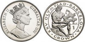 1991. Gibraltar. Isabel II. 1 corona. (Kr. 71). 28,61 g. AG. Juegos Olímpicos Barcelona '92. Proof.