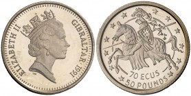 1991. Gibraltar. Isabel II. 70 ecus/50 libras. (Fr. 14) (Kr. 75). 6,12 g. AU (0.500). En carterita. S/C.