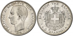 1873. Grecia. Jorge I. A (París). 2 dracmas. (Kr. 39). 9,99 g. Escasa. MBC+.