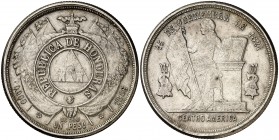 1886. Honduras. 1 peso. (Kr. 52). 24,82 g. AG. MBC+.