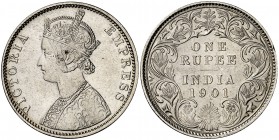 1901. India británica. Victoria. 1 rupia. (Kr. 492). 11,59 g. AG. MBC+.