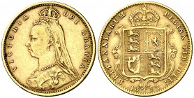 1892. Inglaterra. Victoria. 1/2 libra. (Fr. 393). 3,93 g. AU. Tipo "escudo". MBC-.