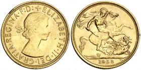 1958. Inglaterra. Isabel II. 1 libra. (Fr. 417). 8 g. AU. Golpecito en canto. EBC+.