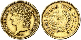 1813. Italia-Nápoles. Joaquín Napoleón. 20 liras. (Fr. 860). 6,38 g. AU. Golpecitos. Escasa. MBC-.