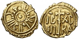 Italia. Reino Normando de Sicilia. Roger II (1105-1154). (Palermo). Tari de oro. (Marturana 54) (Mitch. W. of I. 581) (Spahr 63). 1,11 g. Margen exter...