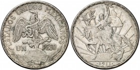 1911. México. 1 peso. (Kr. 453). 27,08 g. AG. MBC+.