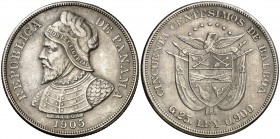 1905. Panamá. 50 centésimos. (Kr. 5). 24,96 g. AG. Golpecitos en canto. Rara. MBC+.