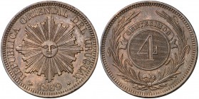1869. Uruguay. Birmingham. 4 centésimos. (Kr. 13). 19,88 g. CU. EBC-.