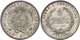 1895. Uruguay. 1 peso. (Kr. 17a). 24,96 g. AG. Brillo original. Ex Daniel Frank Sedwick 02-03/11/2017, nº 1186. EBC-.