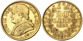 1868. Vaticano. Pío IX. 20 liras. (Fr. 280). 6,43 g. AU. Leves marquitas. Bonito color. Escasa. MBC+.