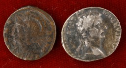 Lote formado por un denario de Tiberio con soldadura en reverso y un pequeño bronce de Constantino I. BC+/MBC-.