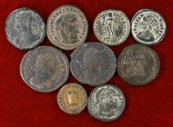 Lote de 1 cuadrante de Nerva y 8 pequeños bronces del Bajo Imperio. Total 9 monedas. A examinar. MBC/EBC.