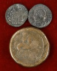 Lote formado por 1 as ibérico de Saiti (FAB. 2097) y 2 pequeños bronces bajoimperiales. Total 3 monedas. BC/MBC+.