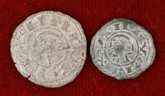 Alfonso I de Aragón (1109-1126). Lote de 1 óbolo y 1 dinero con X en 2º y 4º cuartel. MBC/MBC+.