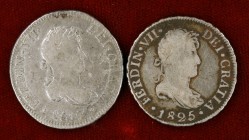 Fernando VII. 2 reales. Lote de dos monedas: 1817 Lima y 1825 Potosí. MBC-/MBC.