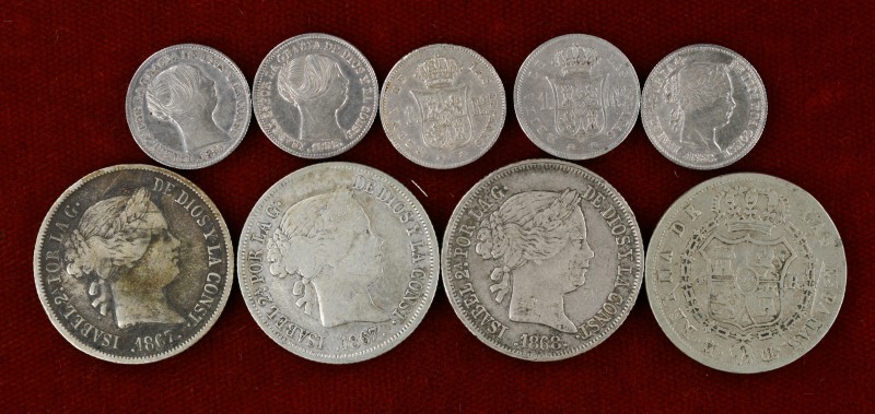Isabel II. Lote de 9 monedas: 1 real (cinco) y módulo 4 reales (cuatro). BC/MBC-...