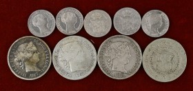 Isabel II. Lote de 9 monedas: 1 real (cinco) y módulo 4 reales (cuatro). BC/MBC-.