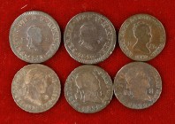 Fernando VII e Isabel II. Lote de seis monedas de 2 maravedís. BC/MBC.