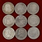 1880 a 1926. 50 céntimos. Lote de 9 monedas. A examinar. BC/MBC.