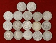 1869 a 1926. 50 céntimos. Lote de 17 monedas, todas diferentes salvo tres. A examinar. BC/MBC+.