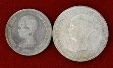 Alfonso XIII. PGM. 1 peseta, 1891*--91 y 2 pesetas, 1892*1892. 2 monedas. BC+/MBC-.