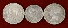 1882, 1900 y 1905. 1 y 2 (dos) pesetas. Lote de 3 monedas. A examinar. MBC-/MBC+.