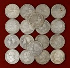 1869 a 1905. 2 pesetas. Lote de 16 monedas, todas diferentes. Incluye además, 2 falsas de época. A examinar. BC/MBC-.