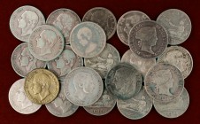 1867 a 1937. Isabel II a Emisiones Locales. 1 escudo (dos), 50 centavos y 2 pesetas (diecinueve). 22 monedas, una falsa de época. A examinar. BC-/MBC....