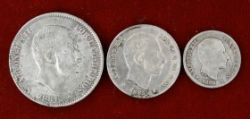 Alfonso XII. Manila. Tres monedas 10 y 20 centavos 1885 y 50 centavos 1881. BC/MBC-.