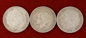 1878 y 1892 (dos). 3 monedas de 5 pesetas. BC+.