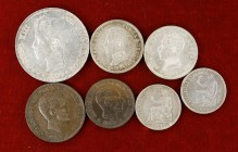 1877 a 1933. 5, 10 céntimos, 1 (dos), 2 (dos) y 5 pesetas. MBC/EBC.