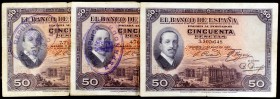 1927. 50 pesetas. 17 de mayo, Alfonso XIII. Lote de 3 billetes, uno con el tampón de la II República en vertical y otro en diagonal. BC/MBC-.