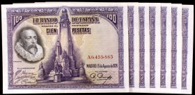 1928. 100 pesetas. (Ed. C6a). 15 de agosto, Cervantes. Lote de 7 billetes correlativos, serie A. EBC+.