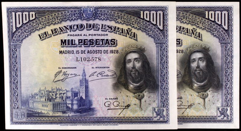 1928. 1000 pesetas. (Ed. C8). 15 de agosto, San Fernando. Pareja correlativa. EB...