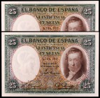 1931. 25 pesetas. (Ed. C9). 25 de abril, Vicente López. Pareja correlativa, en precintos de la PCGS como Very Choice New 64PPQ. S/C.