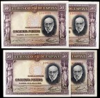 1935. 50 pesetas. (Ed. C17). 22 de julio, Ramón y Cajal. Lote de 4 billetes (incluye una pareja correlativa). MBC/EBC+.