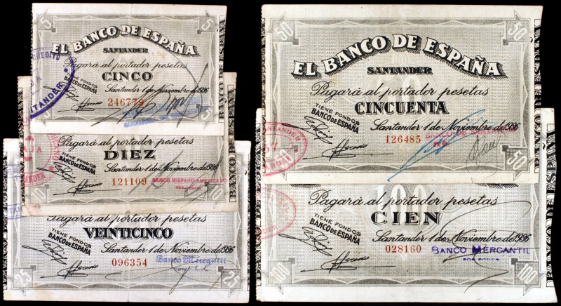 1936. Santander. 5, 10, 25, 50 y 100 pesetas. (Ed. C26b, C27c, C28d, C29e y C30d...