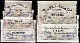 1936. Santander. 5, 10, 25, 50 y 100 pesetas. (Ed. C26b, C27c, C28d, C29e y C30d). 1 de noviembre. Serie completa de 5 billetes, diferentes antefirmas...