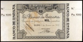 1937. Bilbao. 1000 pesetas. (Ed. NE27e). 1 de enero. Sin numeración y con matriz. Impresión sin el fondo violeta. Antefirma del Banco del Comercio. Ra...